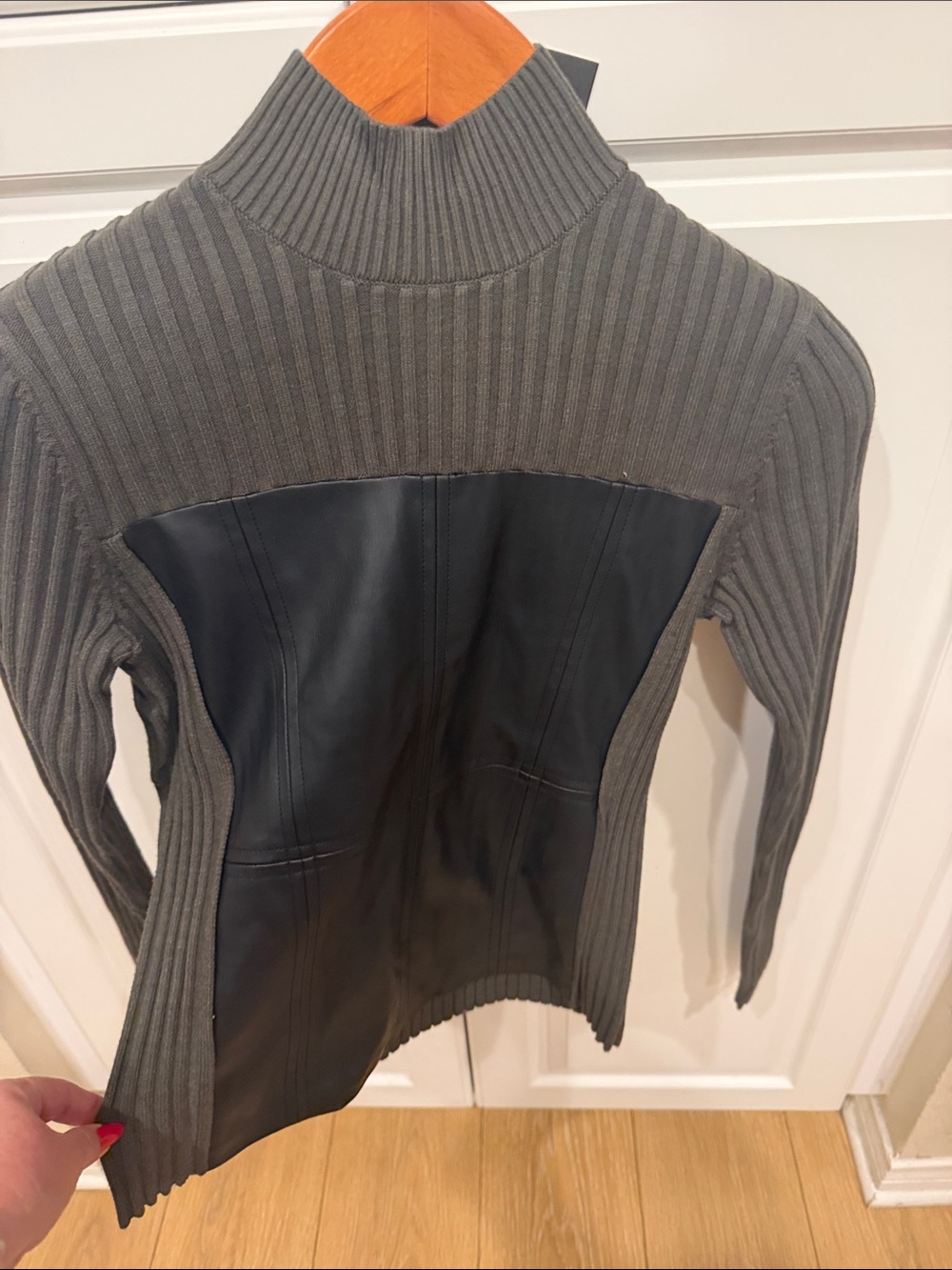 Alp N Rock Gray Ribbed Turtleneck Sweater with Black Leather Panel